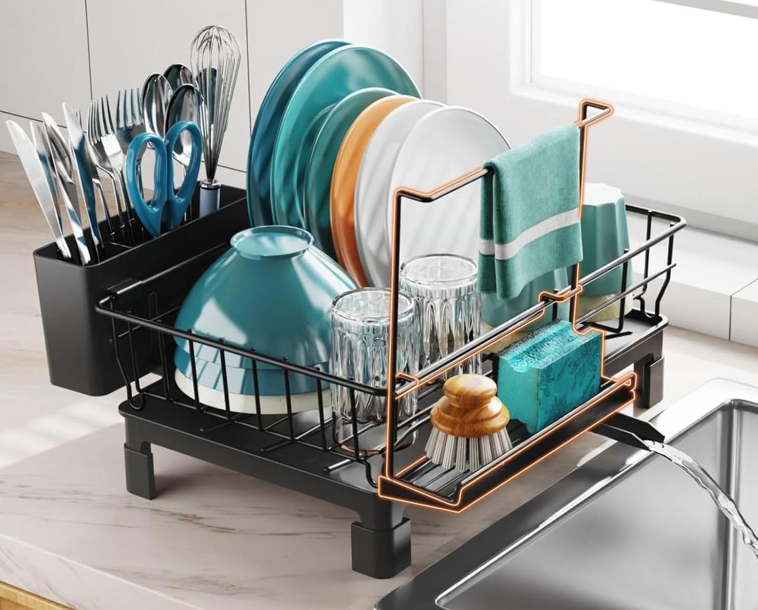 GSlife Dish Drying Rack with Sponge Holder for Kitchen Counter - Small Dish Racks for RV and Small Apartment, Compact Dish Drainer with Utensil Holder and Drain Spout, Black