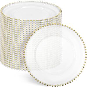 YMHPRIDE 24 Pack Clear Charger Plates Bulk, 13 Inch Plastic Acrylic Round Dinner Plate with Gold Beaded Rim Round Charger Plate Service for Home Wedding Party Event Table Setting Decoration