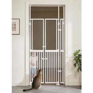 74.8"-90.5" Tall Cat Gate, 33.8"-38.2" Width Pet Gate with Auto-Close Double Door and Clear View Panel, No Drilling Pressure Mount for Doorway Indoor Stairs Hallway