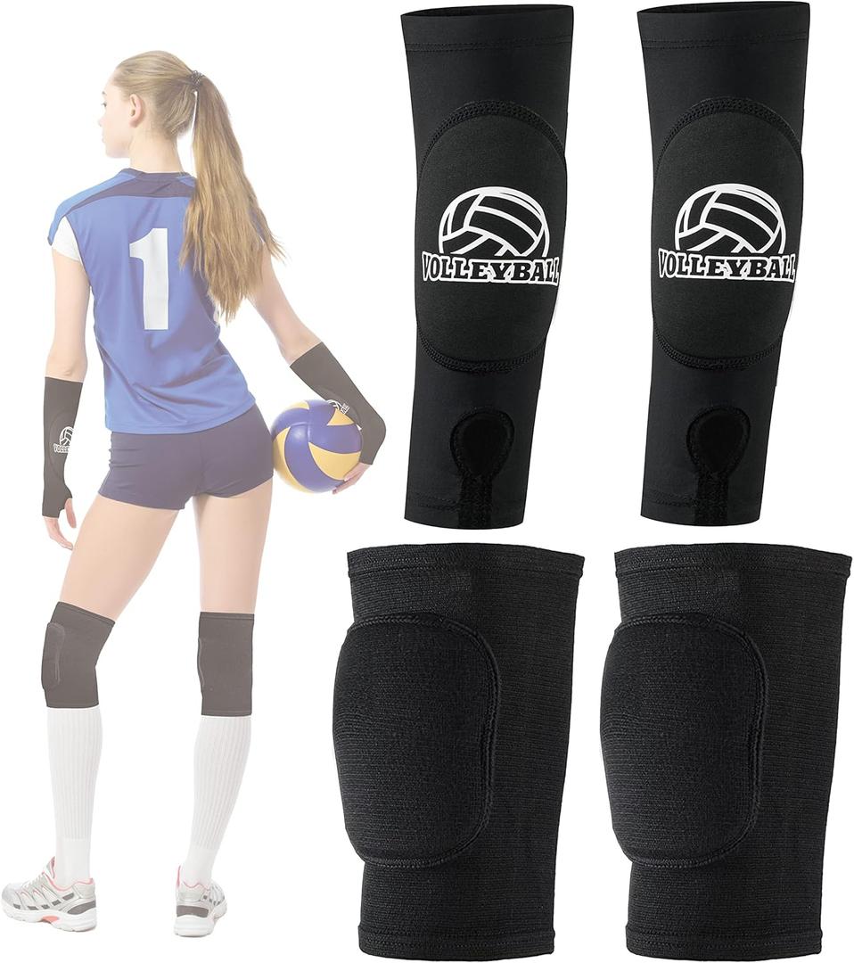 Volleyball Arm Sleeves and Knee Pads Set Passing Forearm Sleeves with Protection Pads and Thumbhole Volleyball Training Gear for Girls Teen Youth Women (Black - 1 Set)