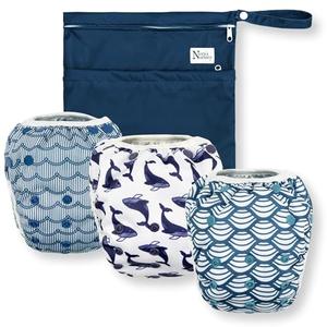 Nora's Nursery Reusable Swim Diapers and Wet Bag - One Size Fully Adjustable - Big Splash Unisex 3 Pack with Wet Bag