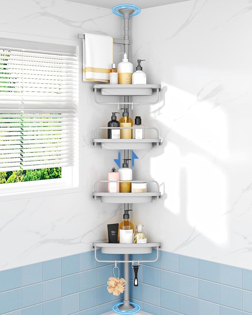 ALLZONE Rustproof Shower Caddy Corner for Bathroom,Bathtub Storage Organizer for Shampoo Accessories,4-Tier Adjustable Shelves with Tension Pole, 39 to 113 Inch, Grey