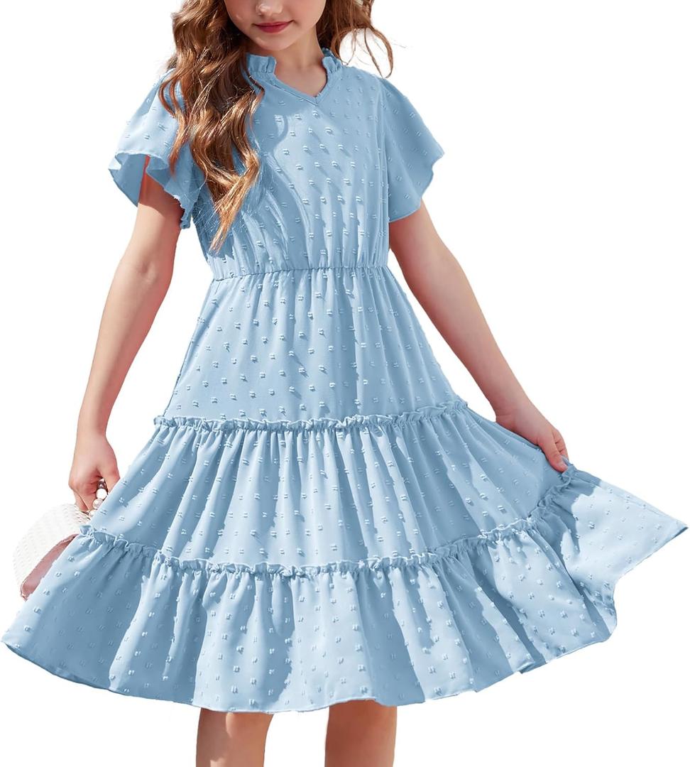 Arshiner Girls Dresses Summer Ruffle Sleeve Swiss Dot V Neck Twirl Birthday Party Midi Dress with Pockets (6, Light Blue)