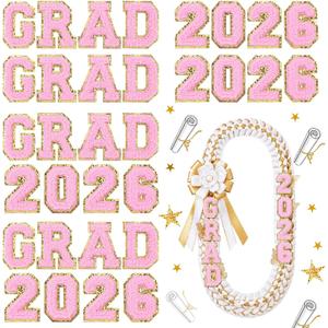Lyrow 32 Pcs Self Adhesive Grad 2026 Iron on Patches Sew on Chenille Letter Patches Glitter Graduation Embroidered Applique Decor Exclude Lei for DIY Cloth Graduation Decor 2.1 Inch(Pink)