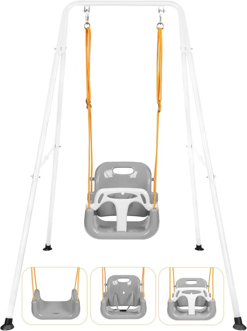 3-in-1 Toddler Swing Set, Indoor & Outdoor Baby Swing Heavy Duty Swing Set with Foldable Metal Stand for Aged 6 Months to 10 Years Old, Easy to Assemble and Store (White)