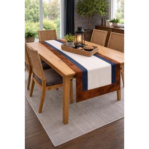 Faux Leather Table Runner 14 x 72 Inch, Brown Border with Ivory Center & Navy Accent, Modern Farmhouse Rustic Dining Table Runner for Kitchen, Console, Coffee Table | Woodland Luxury Dining Decor