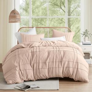 Comfort Spaces Blush Twin Size Duvet Cover Set - Pintuck Pleated Duvet Cover, All Season Lightweight, Extra Softness Pre-Washed Microfiber Bedding Cover Shams