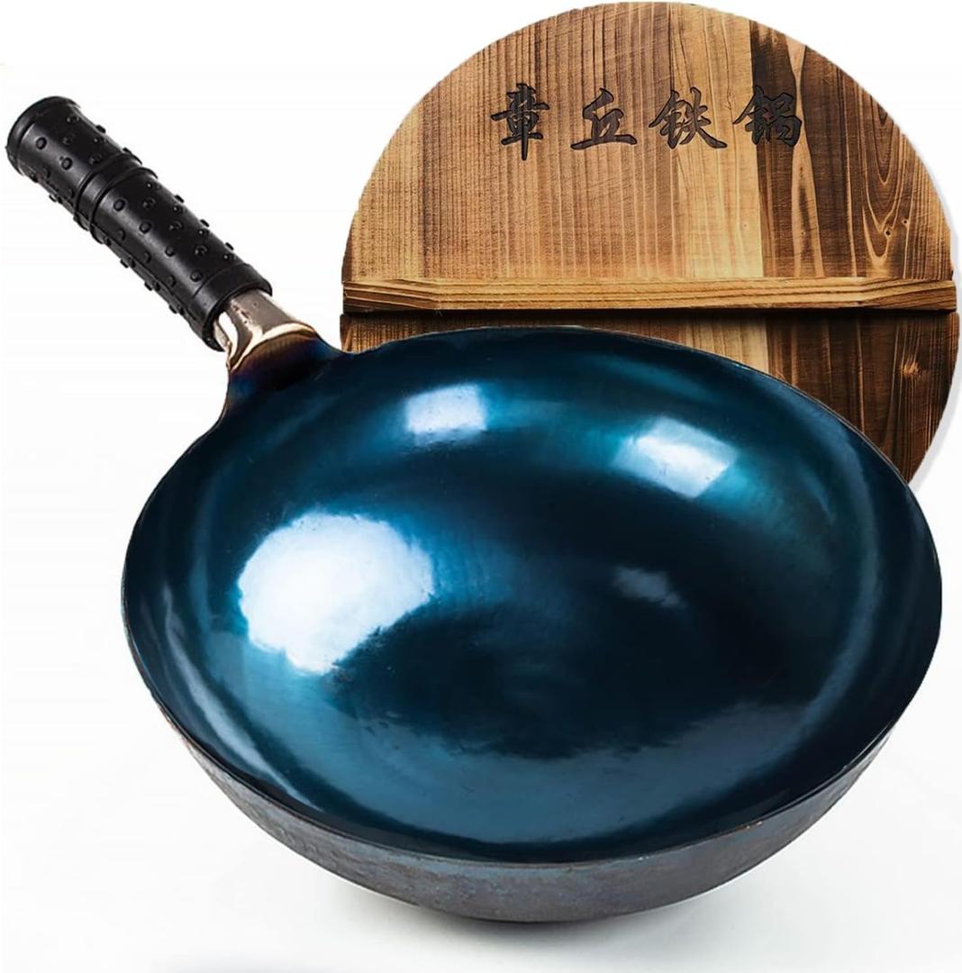 14 Inch Hand Hammered Carbon Steel Wok, Round Bottom Traditional Chinese Wok with Rubber Handle & Lid, Uncoated Non-Stick Wok for Home Cooking, Camping & Gift
