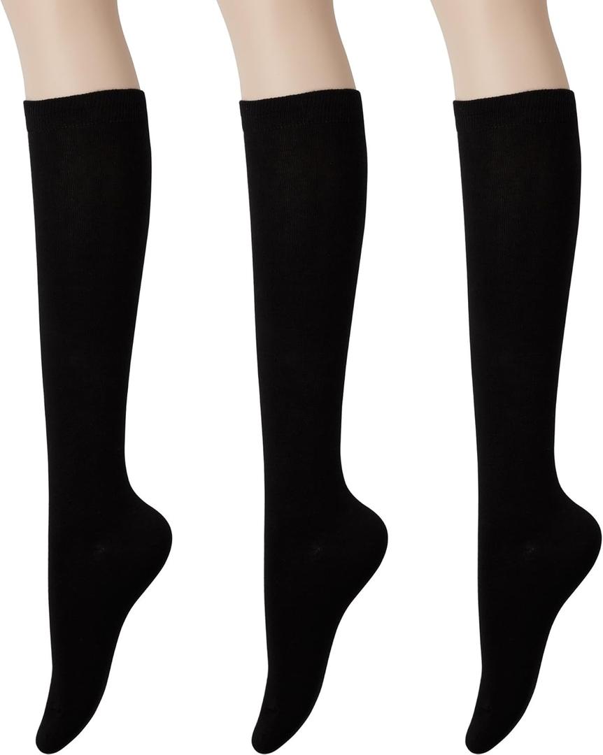 KONY Women's Cotton Knee High Socks - Fashion Socks 3 Pairs (Women's Shoe Size 5-9)(Black) (Medium)