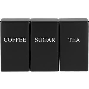 3Pcs Tea Coffee Sugar Canisters Set, Metal Coffee and Sugar Containers, Versatile Kitchen Storage Jars with Airtight Lids, Space Saving Food Canisters Set for Home Kitchen (Black)