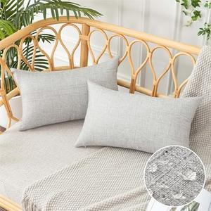 UGASA Outdoor Throw Pillow Covers Pack of 2 Plaid Texture Waterproof Farmhouse Linen Decorative Lumbar Cushion Pillows Covers for Patio Porch Outside Yard Garden Bench 12x20 Inch, Grey