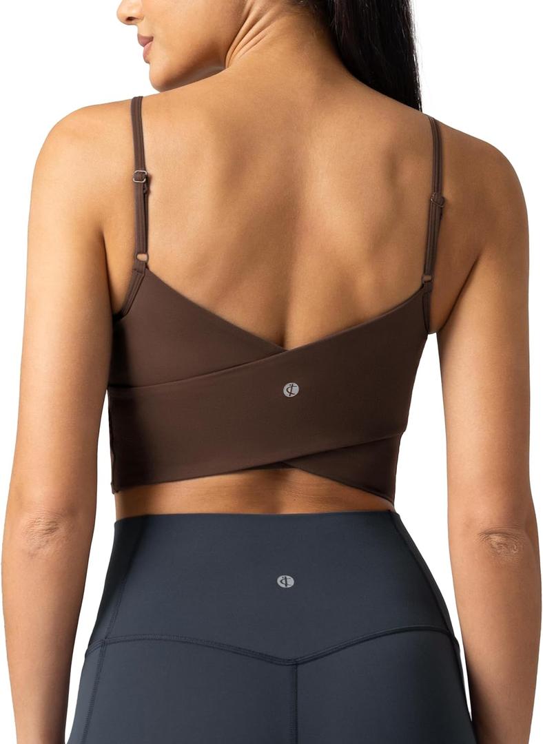 Colorfulkoala Women's Dreamlux Crop Tank Tops with Built in Bra Adjustable Spaghetti Strap Workout Yoga Camisole (Medium, Cocoa)