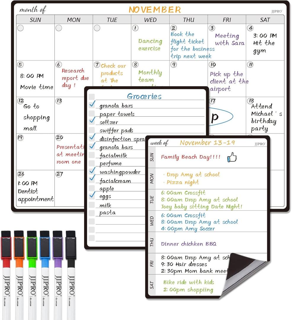 JJPRO Magnetic Monthly Calendar Whiteboard Set for Fridge-Monthly Planning Board and Two Bonus Dry Erase Grocery Board&Weekly Menu Board-Meal Planner Whiteboard/To-Do List-6 Markers