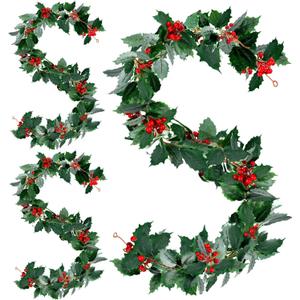 3 Pieces Christmas Garland Red Berry Green Garland 5.7 ft Artificial Christmas Red Berry Flower Vine Winter Holly Leaves Outdoor for Fireplace Home Decor(Green)