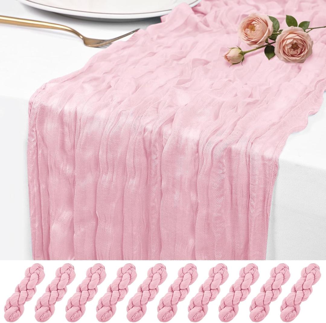 10 Pack Pink Cheesecloth Table Runner 17x108 Inch Semi Sheer Boho Rustic Gauze Cheese Cloth Table Runners for Wedding Party Birthday Baby Shower Home Dcor