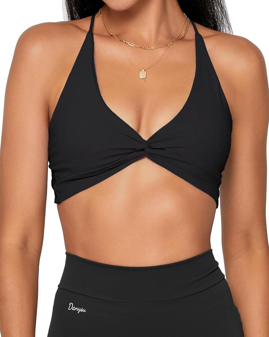Danysu Backless Sports Bra Soft Workout Tops with Removable Padded Yoga Training Bras Strappy Going Out Top (Small, #2.twirl Front Black)