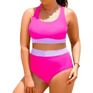 Aqua Eve Plus Size Two Piece High Waisted Bikini Swimsuits Scoop Neck Bikini Set Sporty Bathing Suits , Hot Pink, 18W