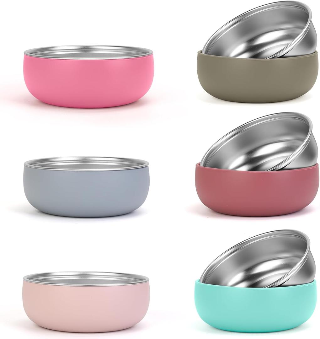 ShineMe Stainless Steel Bowls for Kids, 6 pack Toddler Bowls with Removable Colorful Silicone Sleeve, Unbreakable Baby Bowls for Soup, Cereal, Yogurt, Snacks... (6pack pink red green blue cyan and rose red)