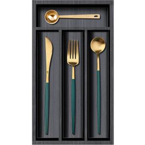 Small Cutlery Tray Narrow Wooden Silverware Organizer 12"x6.7" Spoon Kitchen Utensil Holder for Drawer Divider Bamboo Cutlery Drawer Organizers Storage Black Wood Silverware Tray Flatware Organizer