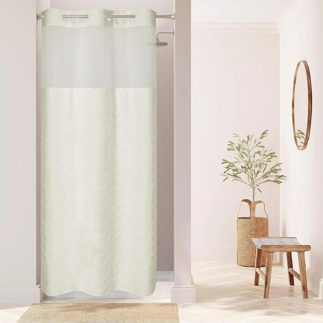 eachope No Hook Boho Farmhouse Shower Curtain with Snap-in Fabric Liner set-36Wx74H(72H),Cream Tufted Chevron Striped Hotel Grade Cloth Shower Curtains for Bathroom with Window,Water Repellent