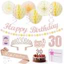 2 x 30th Birthday Decorations Set for Women - Queen Crown, Sash, Card, Cake Topper & Candles, Rose Gold Happy Banner with Paper Honeycomb, Poms Fan, Streamers, Gift Kit – 30 & Fabulous Party Supplies