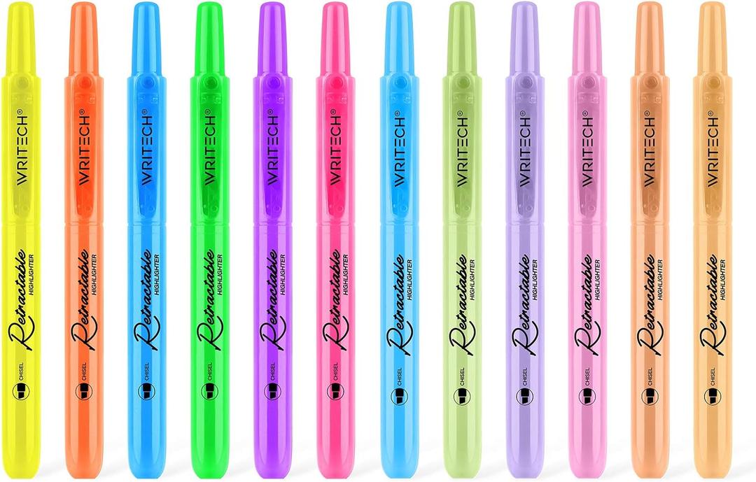 WRITECH Retractable Highlighters Assorted Colors: Chisel Tip Click Aesthetic Highlighter Marker Pens Pack Multi Colored Ink No Bleed Smear for Highlighting Journaling (12ct Neon+Pastel)