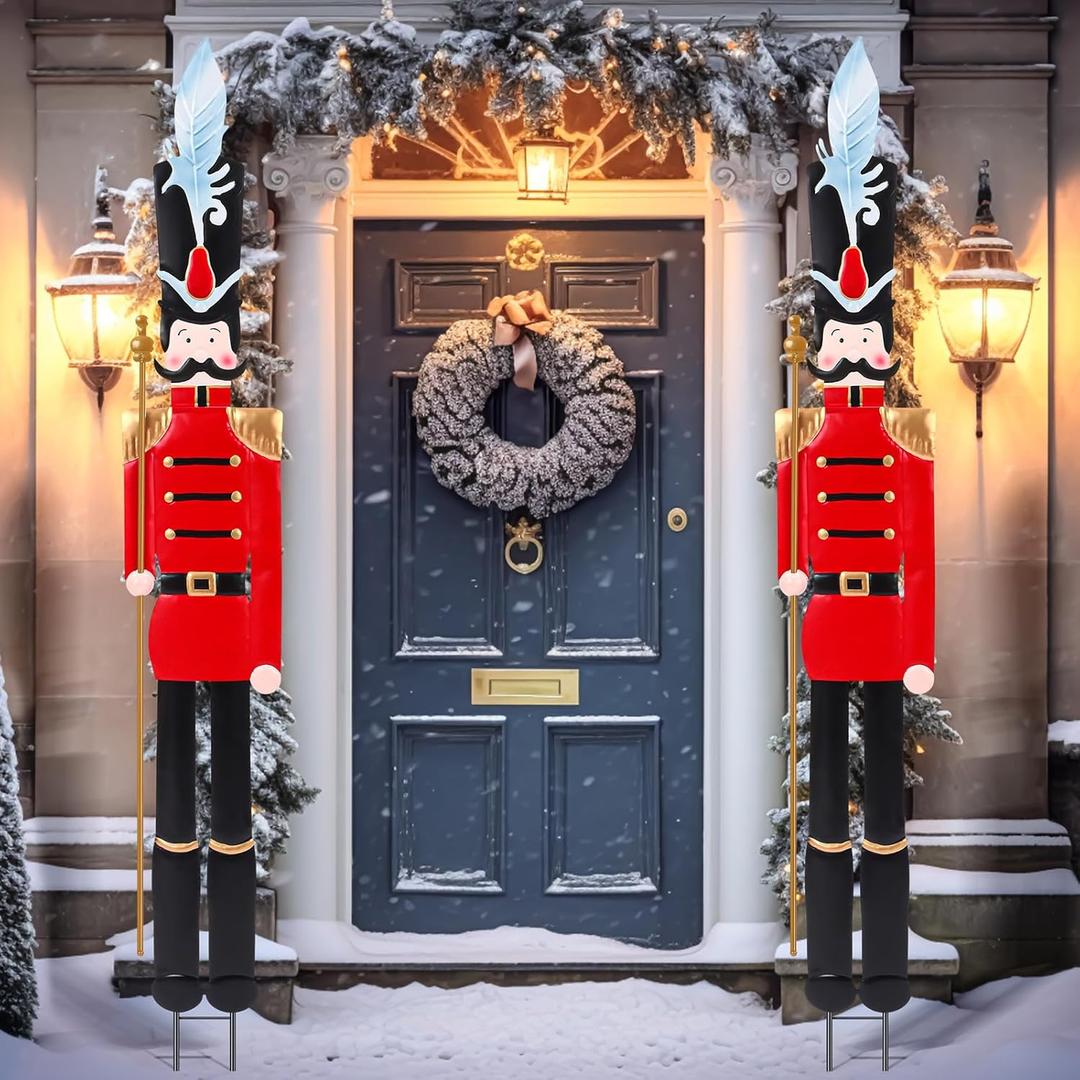 2 Pcs 8ft Large Metal Christmas Nutcracker Outdoor Decoration Yard Sign with Stakes Tall Nutcrackers Christmas Outdoor Giant Lawn Sign Soldier for Xmas Holiday Garden Porch Pathway Walkway