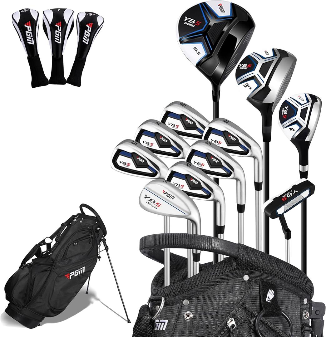 PGM Men's Complete Golf Club Sets - 15 Pieces - 2 Wood (#1,3), 1 Hybrid (#4H), 7 Irons(#5,6,7,8,9,PW,SW), 1 Putter - Golf Stand Bag, Right Handed - Ideal for Beginners