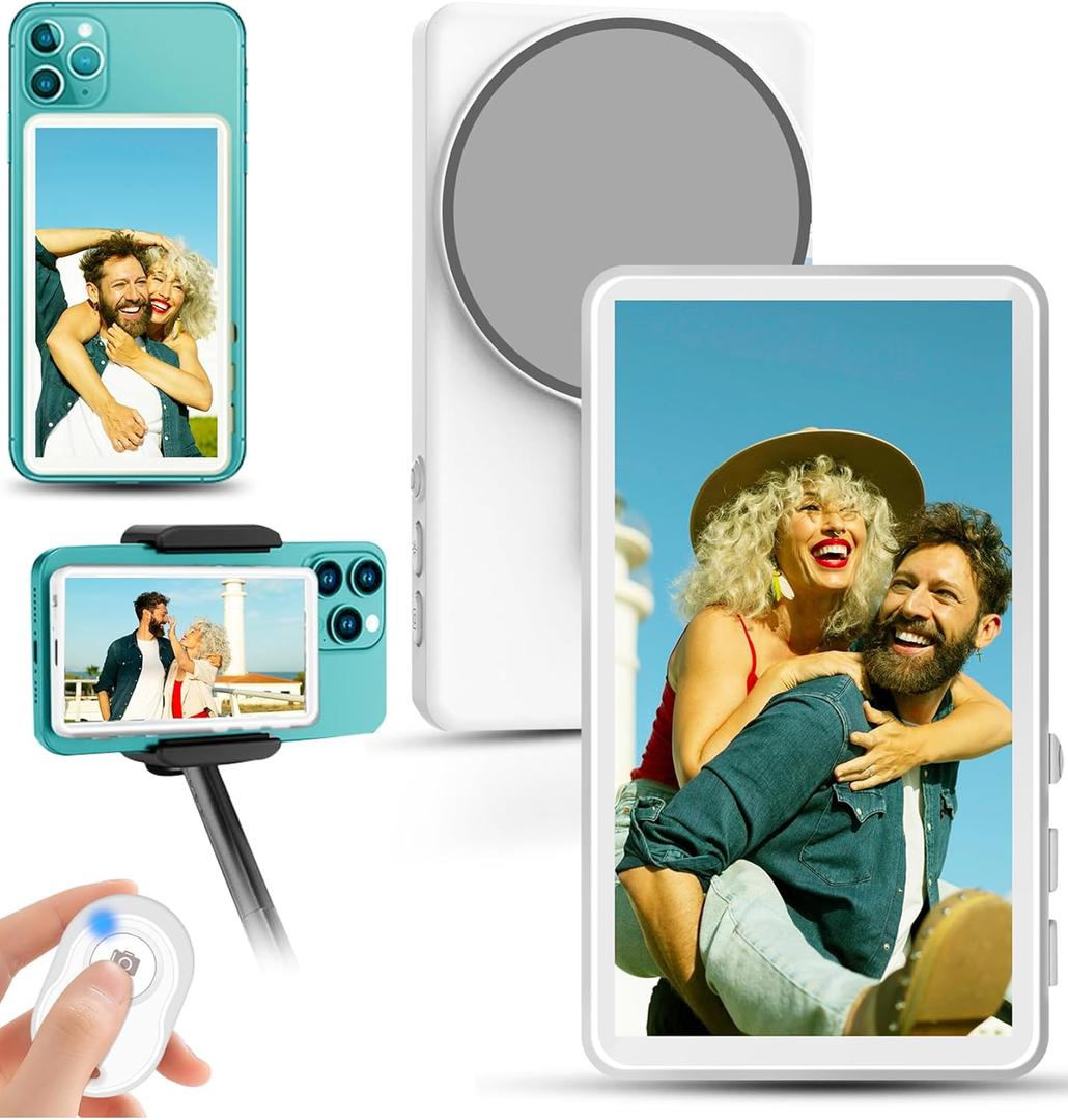 Phone Vlog Selfie Monitor Screen for Media Content Creators, 4K Wireless Back Camera Monitor Screen for iPhone & Android,Bluetooth Remote Rear Camera for Selfie Vlog Live Stream TikTok,White