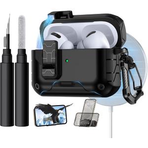 Lerobo for AirPods Pro 3 Case,Compatible with Apple Airpod Pro Case 3rd Generation with Phone Stand, Magnetic Lock & Cleaner Kit - Shockproof Hard Protective Cover Compatible with MagSafe,Black