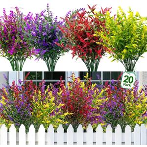 TURNMEON 20 Bundles Artificial Flowers for Outdoors Summer Decor, UV Resistant No Fade Fake Lavender Flowers Plastic Faux Plants for Window Box Garden Planter Porch Indoor Cemetery Decor(Mix Colors)