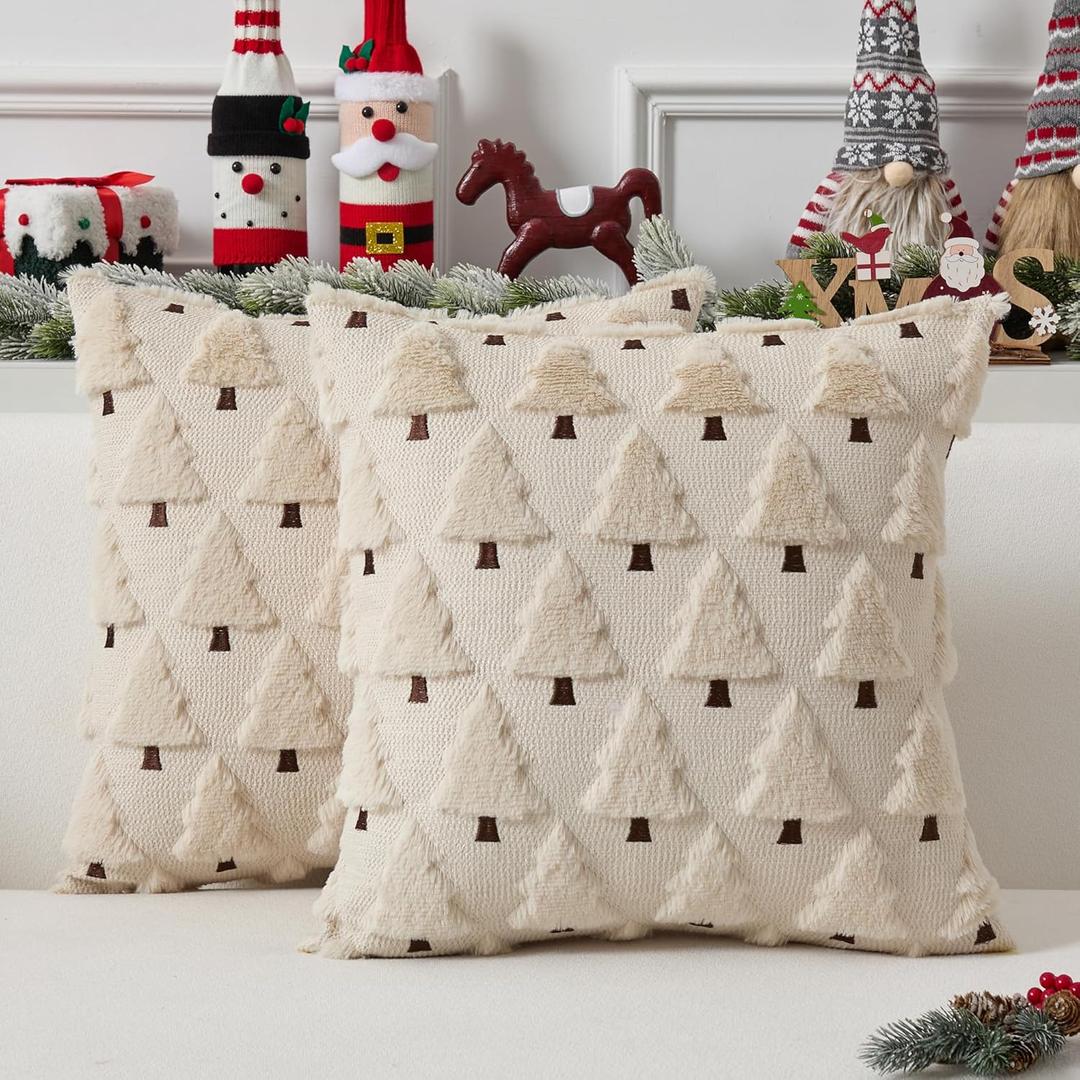 UGASA Christmas Decorative Pillow Covers 20x20 Inch Soft Plush Faux Fur Jacquard Throw Pillows Pillowcases for Couch Sofa Holiday Festivals Winter Home Decor Set of 2 Beige
