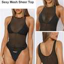 Sexy Mesh Sheer Tops for Women See Through High Neck Low Cut Scoop Back Slim Fitted Tank Mesh Shirt Going Out Tops (M)