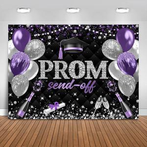 Fitumiw Prom Send Off 2026 Graduation Backdrop Class of 2026 Prom Background Party Decorations Congrats Grad Banner Photo Booth Props (Purple Silver and Black, 10x7ft)