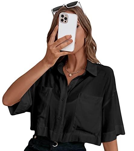 Falainetee Women's Pocket Half Sleeve Button Front Summer Oversized Crop Blouse Tops Black XL