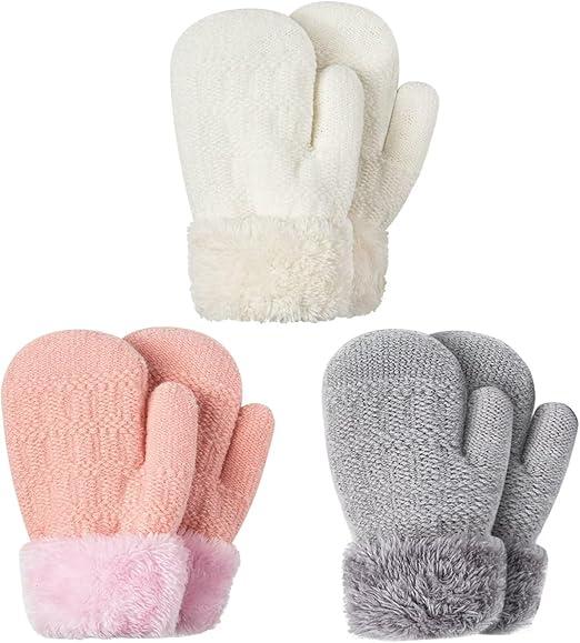 Winter Mittens Gloves Beanie Hat Set for Kids Baby Toddler Children, Thick Warm Knit Fleece Lined Thermal Set for Boys Girls, Color: Light Gray&pink&white