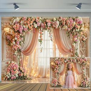 10X8ft Romantic Floral Wedding Backdrop Pink Flower Curtain Photography Background Anniversary Ceremony Bridal Shower Engagement Party Decor Photo Booth Props Wall Banner
