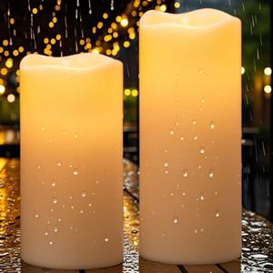 Eldnacele Large Solar Flameless Flickering Candles Outdoor Waterproof, Solar Powered Dusk to Dawn White Plastic LED Pillar Candles Garden Camping Lanterns Wedding Holiday Decor (2Pcs,4" D8"/10" H)