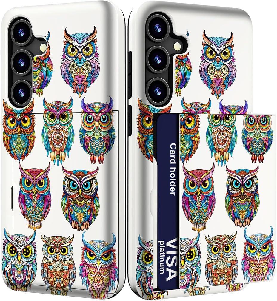 Compatible with Samsung Galaxy S24 Plus & S25 Plus Case Cute with Card Holder/Slim Slot Wallet Phone Cover for Women for S24+ & S25+ / Owl Birds Tribal Style Tattoo Cartoon Animal Funny
