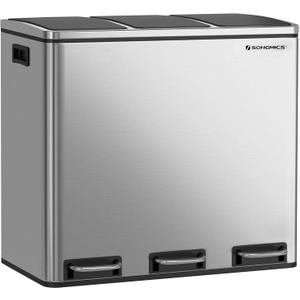 SONGMICS Trash Can, 3 x 4.8 Gallon Garbage Can, 14.4 Gallon Recycle Bin with Soft-Close Lids, Pedals, and Inner Buckets for Kitchen, Stainless Steel, Silver and Black ULTB54NL Silver and Black