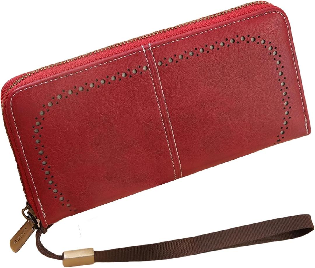 Womens Wallet RFID Blocking Zip Around Ladies Clutch Wristlet Long Purse Large Capacity Card Holder (Red)