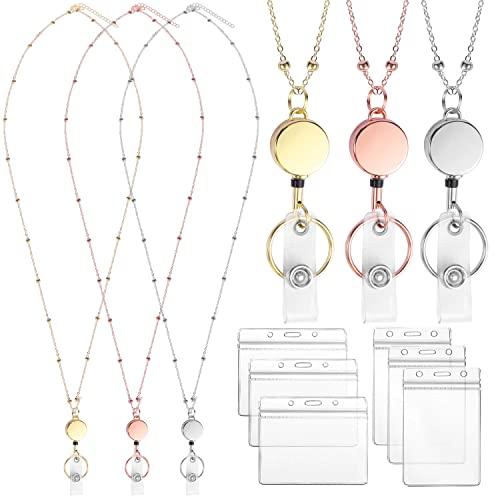Lanyards for Id Badges 3 Pack Badge Lanyard with 6 Pcs Id Badge Holder Retractable Stainless Steel Teacher Cruise Ship Lanyard for Girl Women (Silver, Gold, Rose Gold)