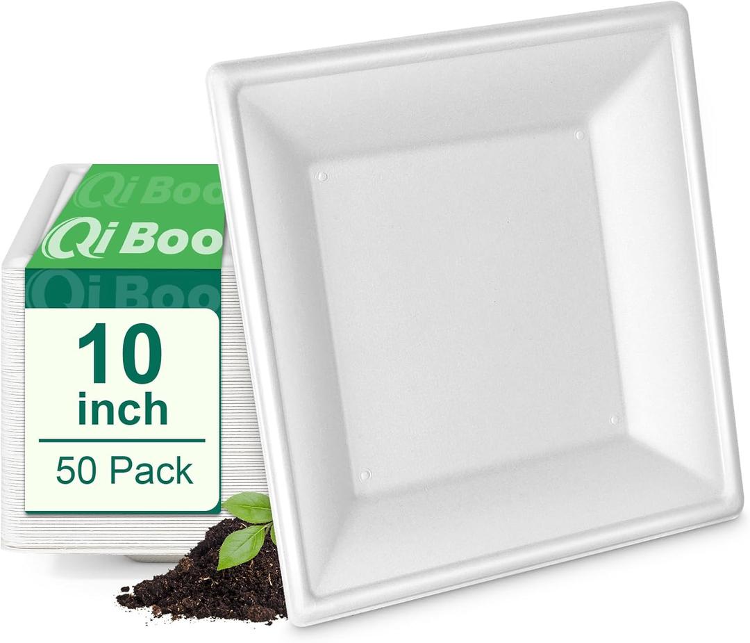 Square Paper Plates 10 Inch [50-Pack] Compostable Eco Friendly Disposable Plates Heavy Duty, Biodegradable Recycled Bagasse Plates, Large Paper Dinner Plates, Sturdy White 10" Plate