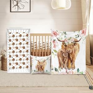 Duckbe Baby Crib Bedding Set - Highland Cow Design Nursery Bedding 3 Pcs Set - Chic Soft Blanket, Sheet, Pillowcase for Newborns Boys Girls Gifts Fixed Size