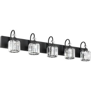 Ralbay Modern Crystal Black 5-Light Bathroom Vanity Light, Matte Black Crystal Bath Wall Light Fixtures