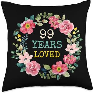 Floral Design 99 Years Old Mom Grandma 99th Birthday Throw Pillow (18x18)