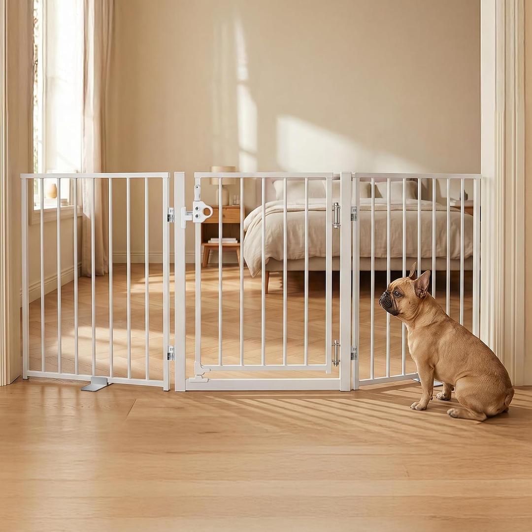 BFNN 60" W Free Standing Dog Gate Indoor for Doorways, Extra Wide Metal Foldable Pet Gate with Walk-Thru Door, 24" Tall Puppy Fence for Stairs, Outdoor, No Drill Barrier for Small & Medium Dogs