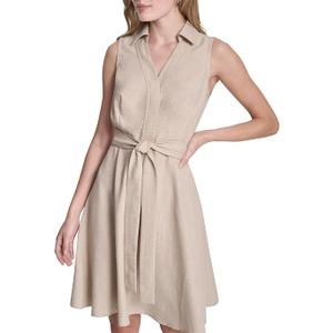 DKNY Women's Sleeveless Collared Neck Mélange Washer Fit and Flare Dress, 12, Beige