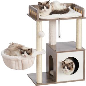 Heybly Modern Cat Tree, Wooden Cat Tower with 3 Scratching Posts, Cat Condo for Indoor Cats with Wood Cat Cave, Plush Perch, Basket, Pompom, Rustic Gray HCT007SSG (L Perch(19.7''L11.8''W28.35''H)