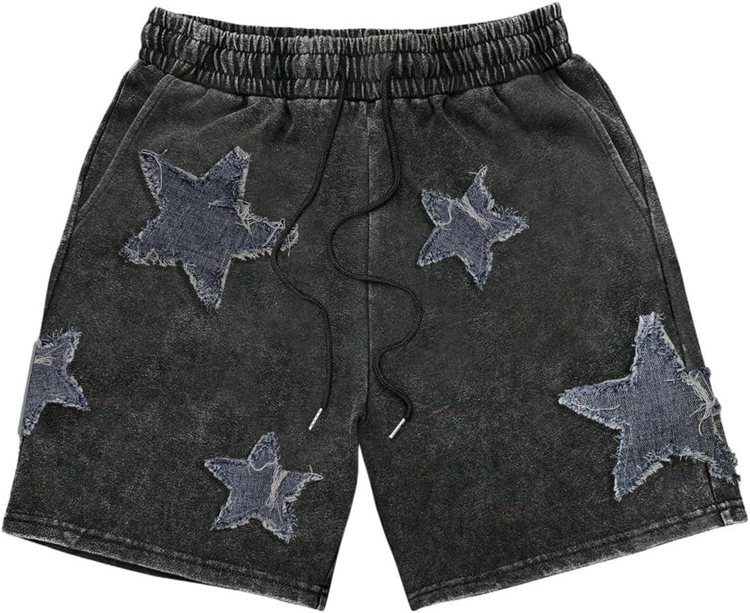 VIPWOLF Men's Star Graphic Y2k Shorts Drawstring Waist Distressed Vintage Track Shorts Streetwear, XL